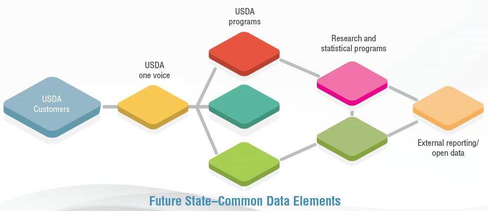 USDA Future State Diagram:  This shows the relationship between USDA Customers, USDA Programs, Statistical Agencies and Open Data.  An ideal future state has common elements to make sharing data more efficient.
